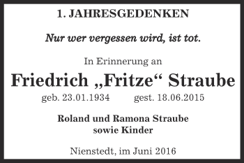 Traueranzeige von Friedrich Straube von Super Sonntag SGH Mansf. Land