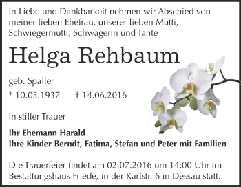 Traueranzeige von Helga Rehbaum von WVG - Wochenspiegel Dessau / Köthen