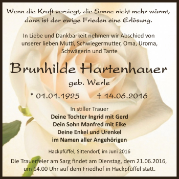 Traueranzeige von Brunhilde Hartenhauer von Super Sonntag SGH Mansf. Land