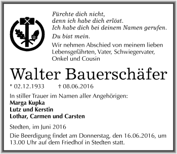 Traueranzeige von Walter Bauerschäfer von Mitteldeutsche Zeitung Mansfelder Land