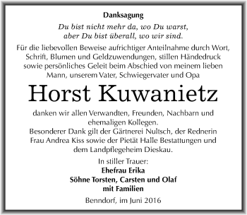 Traueranzeige von Horst Kuwanietz von Mitteldeutsche Zeitung Halle/Saalkreis