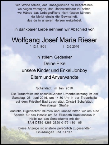 Traueranzeige von Wolfgang Josef Maria Rieser von WVG - Wochenspiegel Merseburg
