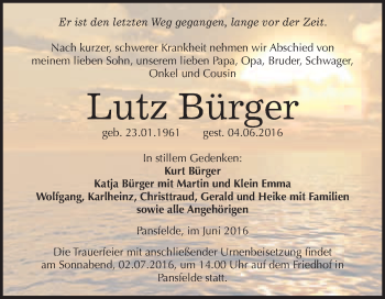 Traueranzeige von Lutz Bürger von WVG - Wochenspiegel Quedlinburg