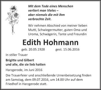 Traueranzeige von Edith Hohmann von Super Sonntag Quedlinburg