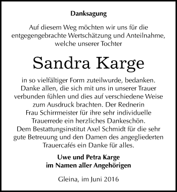 Traueranzeige von Sandra Karge von Mitteldeutsche Zeitung Naumburg/Nebra