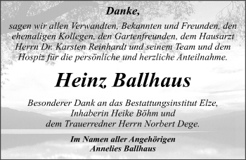 Traueranzeige von Heinz Ballhaus von Mitteldeutsche Zeitung Dessau-Roßlau