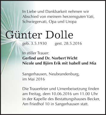 Traueranzeige von Günter Dolle von Mitteldeutsche Zeitung Sangerhausen