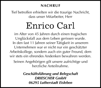 Traueranzeige von Enrico Carl von Mitteldeutsche Zeitung