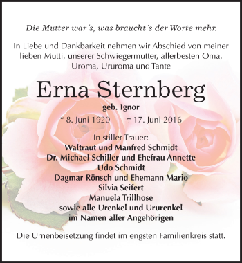 Traueranzeige von Erna Sternberg von Mitteldeutsche Zeitung Zeitz