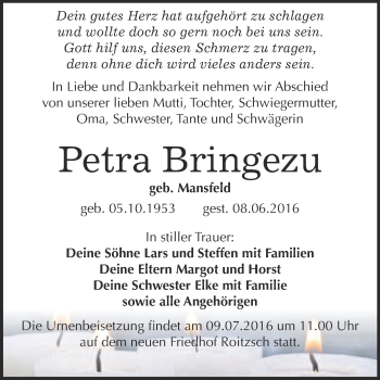 Traueranzeige von Petra Bringezu von WVG - Wochenspiegel Bitterfeld
