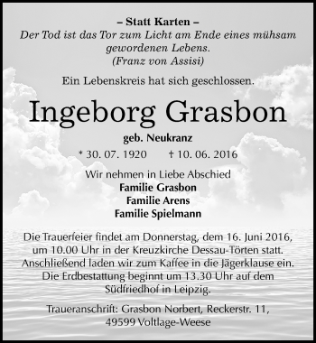 Traueranzeige von Ingeborg Grasbon von Mitteldeutsche Zeitung Dessau-Roßlau
