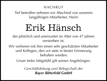 Traueranzeige von Erik Hänsch von Mitteldeutsche Zeitung Bitterfeld