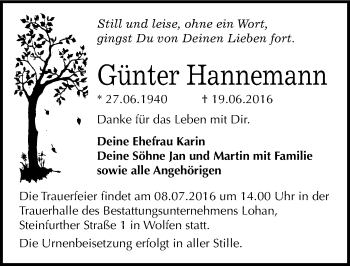 Traueranzeige von Günter Hannemann von Mitteldeutsche Zeitung Bitterfeld