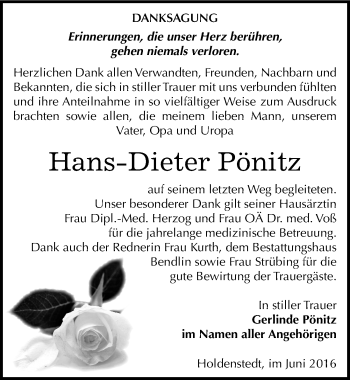 Traueranzeige von Hans-Dieter Pönitz von Mitteldeutsche Zeitung Sangerhausen