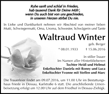 Traueranzeige von Waltraud Winter von Mitteldeutsche Zeitung Dessau-Roßlau