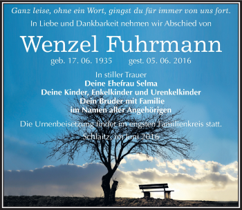 Traueranzeige von Wenzel Fuhrmann von Mitteldeutsche Zeitung Bitterfeld
