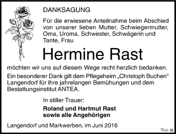 Traueranzeige von Hermine Rast von Mitteldeutsche Zeitung Weißenfels