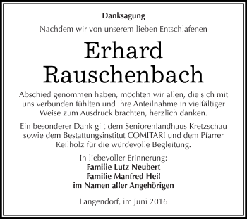 Traueranzeige von Erhard Rauschenbach von Super Sonntag Zeitz