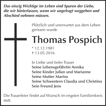 Traueranzeige von Thomas Pospich von WVG - Wochenspiegel Dessau / Köthen