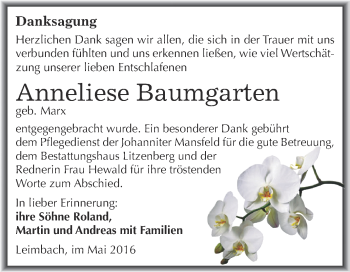 Traueranzeige von Anneliese Baumgarten von Wochenspiegel Mansfelder Land