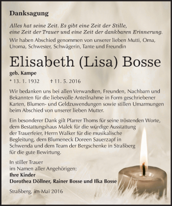Traueranzeige von Elisabeth Bosse von Mitteldeutsche Zeitung Quedlinburg