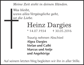Traueranzeige von Heinz Dargies von WVG - Wochenspiegel Wittenberg