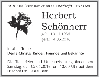 Traueranzeige von Herbert Schönherr von WVG - Wochenspiegel Dessau / Köthen