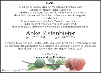 Traueranzeige von Anke Ristenbieter von WVG - Wochenspiegel NMB / WSF / ZTZ
