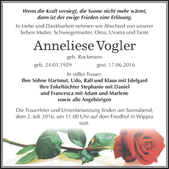 Traueranzeige von Anneliese Vogler von Super Sonntag SGH Mansf. Land
