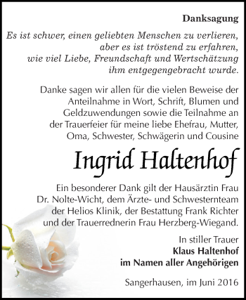 Traueranzeige von Ingrid Haltenhof von WVG - Wochenspiegel SGH