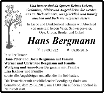 Traueranzeige von Hans Bergmann von Super Sonntag Quedlinburg