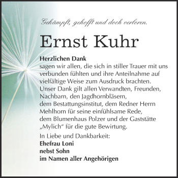 Traueranzeige von Ernst Kuhr von WVG - Wochenspiegel Merseburg