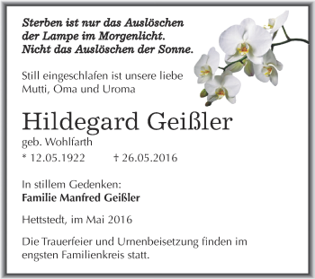 Traueranzeige von Hildegard Geißler von Wochenspiegel Mansfelder Land