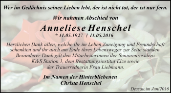 Traueranzeige von Anneliese Henschel von Mitteldeutsche Zeitung Dessau-Roßlau