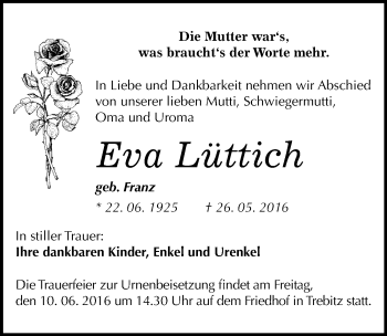 Traueranzeige von Eva Lüttich von Mitteldeutsche Zeitung Halle/Saalkreis