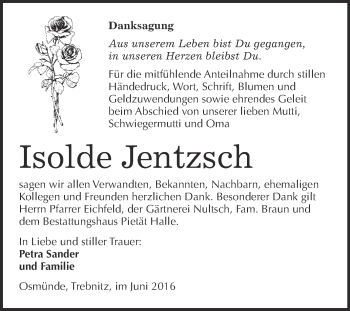 Traueranzeige von Isolde Jentzsch von Super Sonntag Merseburg