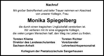 Traueranzeige von Monika Spiegelberg von Mitteldeutsche Zeitung Sangerhausen