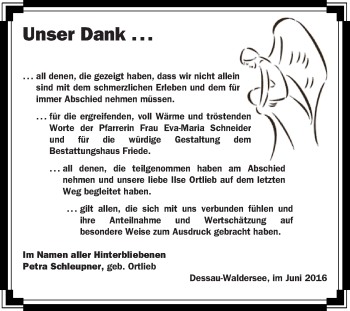 Traueranzeige von Ilse Luise Ortlieb von WVG - Wochenspiegel Dessau / Köthen
