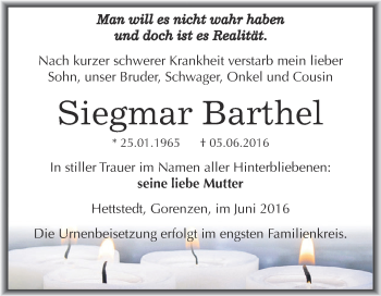 Traueranzeige von Siegmar Barthel von Super Sonntag SGH Mansf. Land