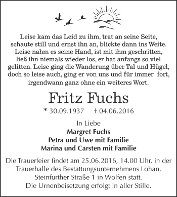 Traueranzeige von Fritz Fuchs von WVG - Wochenspiegel Bitterfeld