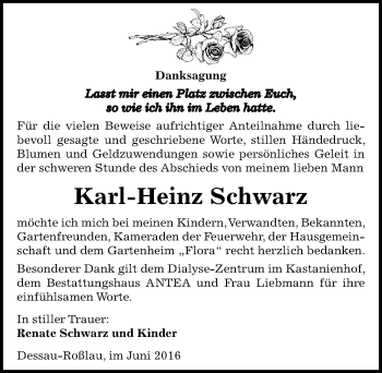 Traueranzeige von Karl-Heinz Schwarz von Mitteldeutsche Zeitung Dessau-Roßlau