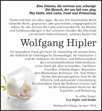 Traueranzeige von Wolfgang Hipler von Mitteldeutsche Zeitung Köthen