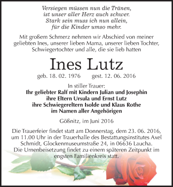 Traueranzeige von Ines Lutz von Mitteldeutsche Zeitung Naumburg/Nebra