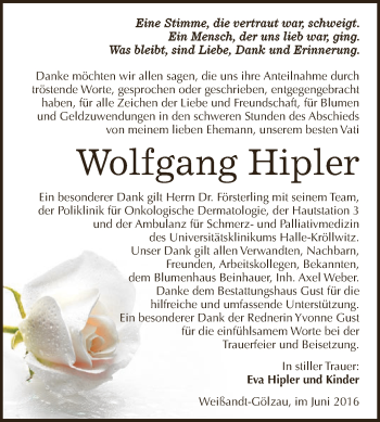 Traueranzeige von Wolfgang Hipler von WVG - Wochenspiegel Dessau / Köthen