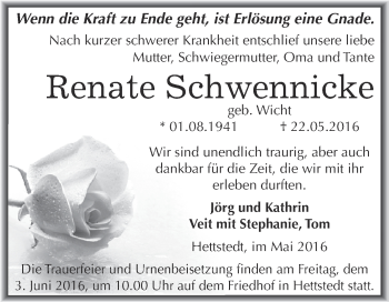 Traueranzeige von Renate Schwennicke von Wochenspiegel Mansfelder Land