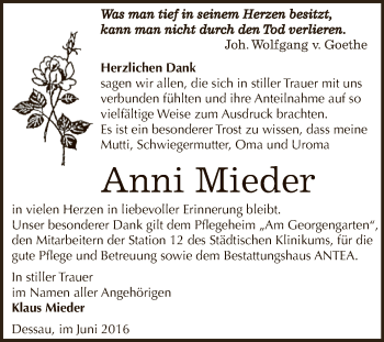 Traueranzeige von Anni Mieder von WVG - Wochenspiegel Dessau / Köthen