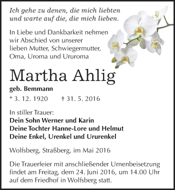 Traueranzeige von Martha Ahlig von Mitteldeutsche Zeitung Sangerhausen