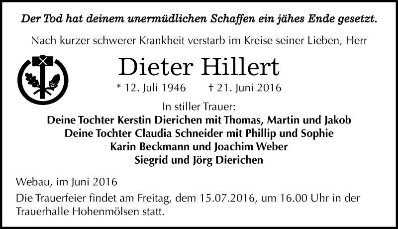  Traueranzeige für Dieter Hillert vom 25.06.2016 aus Mitteldeutsche Zeitung Weißenfels