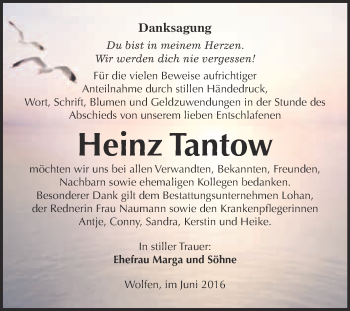 Traueranzeige von Heinz Tantow von WVG - Wochenspiegel Bitterfeld