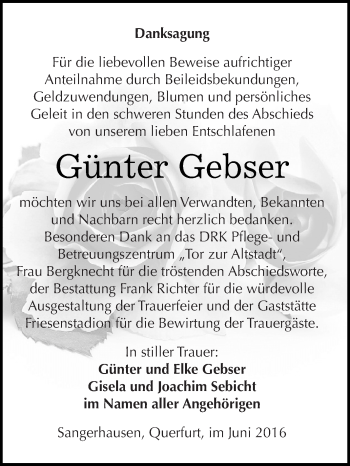 Traueranzeige von Günter Gebser von Super Sonntag SGH Mansf. Land